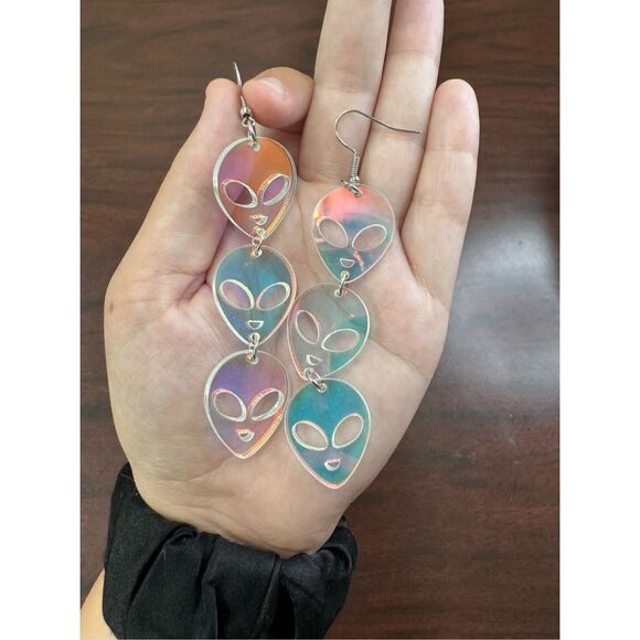 Iridescent Long Dangle Alien Earrings - Picture 1 of 3